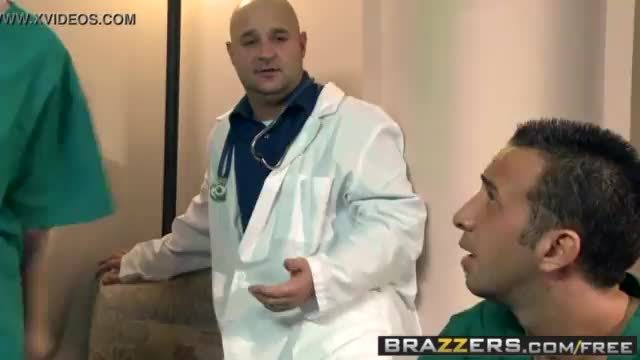 Sexy doctor with big melons takes advantage of male nurse